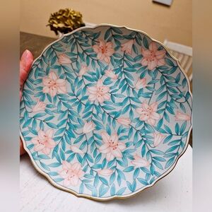 Vintage Otagiri Japan Serenade Lily Floral Gold Edge Scalloped Green Pink Plate